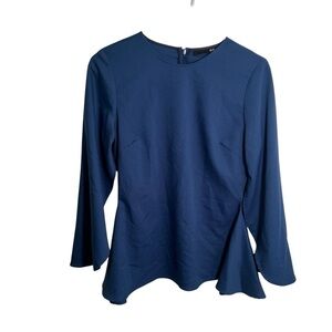 D.d Women's Size 2 Blouse Blue Ruffle Crewneck Zip Back Tulip Sleeve 2D7245-T